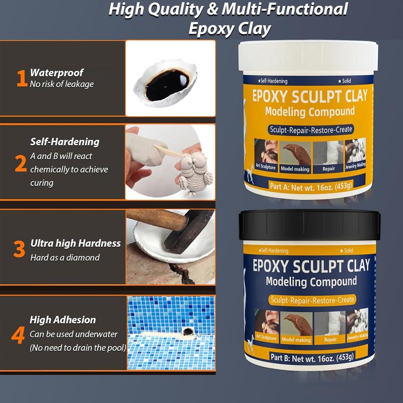 KCUT Epoxy Sculpt Clay, 2 Pound White Epoxy Sculpt Pool Putty for Leaks Underwater Self-Hardening Modeling Compound AB High Adhesive Epoxy Putty Magic Sculpt Clay for Sculpting Modeling Repairing Filling - Image 2